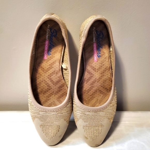 Skechers Ballet Flats Boho Woven Fabric Embroidered Cleo Wham Tan Gold Size 8 - Picture 2 of 8